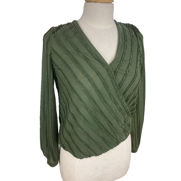 Maeve Anthropologie Audre Faux Wrap Surplice Shirt Green Striped Long Sleeve-XS - Picture 2 of 15